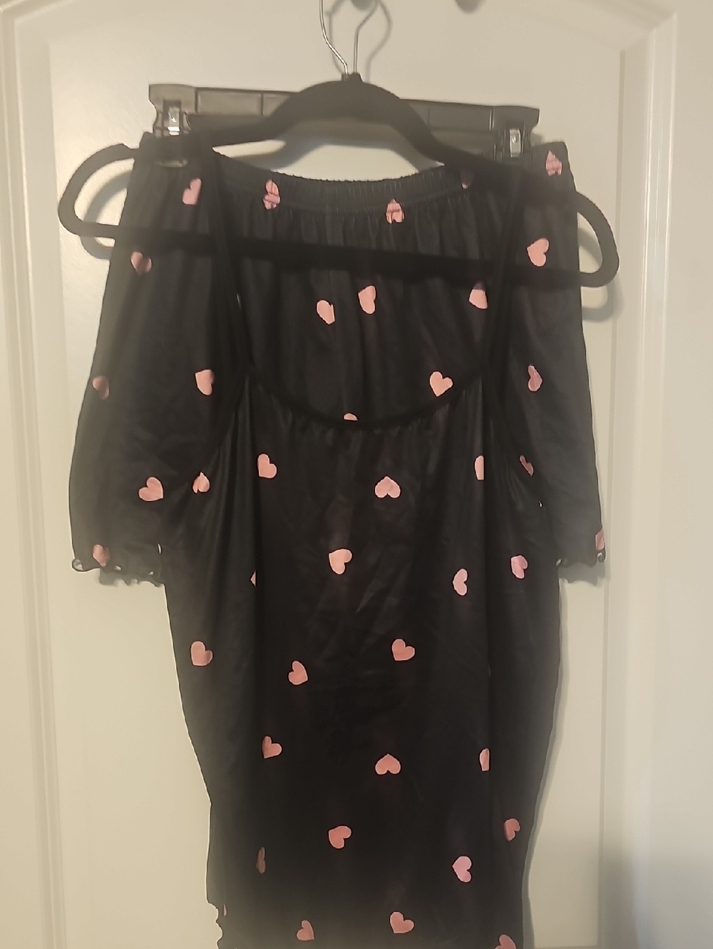 Black Off-Shoulder Dress with Pink Heart Print